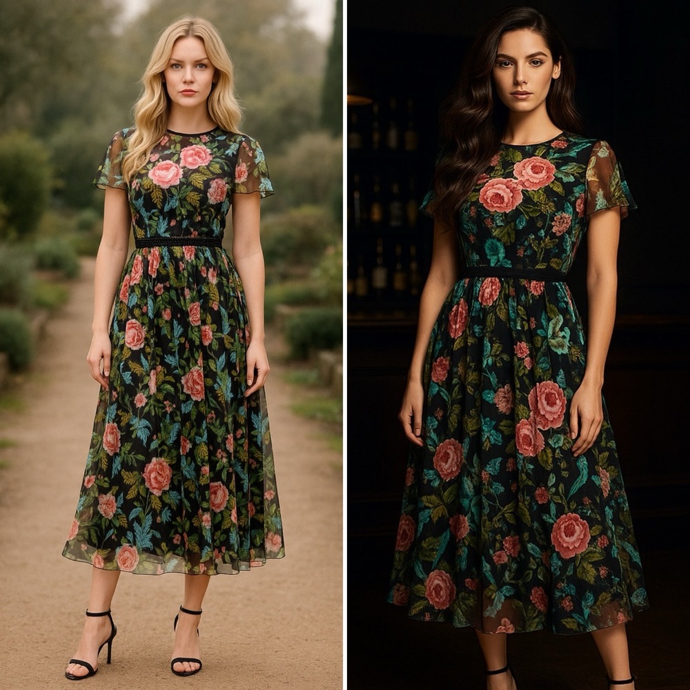 Mac Duggal Black Floral Midi Dress with Pink and Green Embroidery